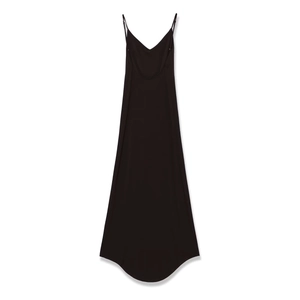 Detail of a minimalist black crepe maxi dress with slim straps and a deep V-neckline