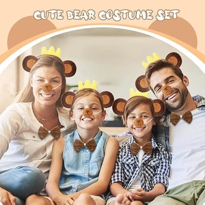 Family wearing brown plush bear ears headband set with crown and matching bow ties