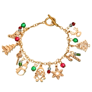 Detail of Christmas bracelet with gold charms like Santa Claus, reindeer, and colorful beads