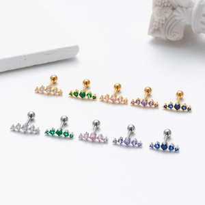 Polished stainless steel ear studs with colorful zircon fan design in gold and silver
