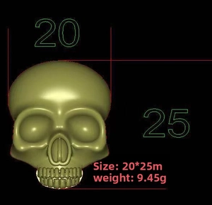 Close-up of 3D realistic skull pin in olive green with size 20x25mm and weight 9.45g