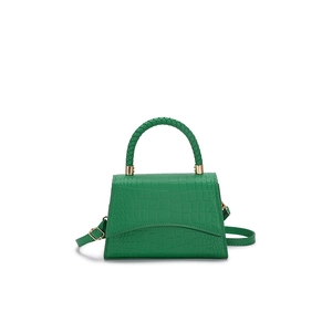 Green faux crocodile leather handbag with woven handle and adjustable strap
