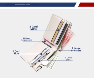 Detail view of leather wallet interior with five card slots and zip coin pocket