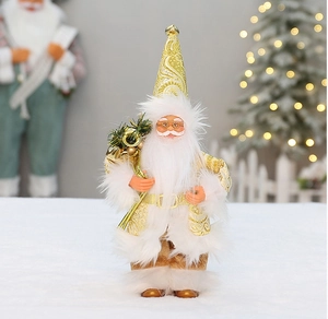 Detailed view of standing Santa Claus doll with gold patterns and faux fur trim ornament