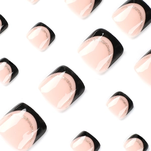 French tip black press-on toe nails with rose gold glitter lines on nude pink base