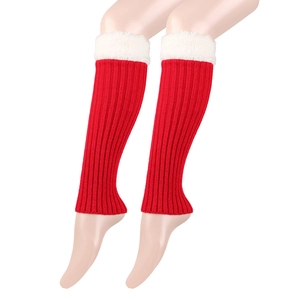 Detail of red knitted leg warmers with white faux fur trim on model with white background