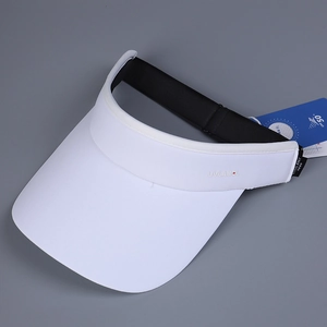 Detail view of sports sun visor with UPF 50 plus tag and breathable cool knit fabric