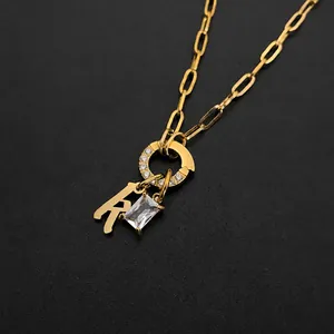 14K gold plated stainless steel link chain necklace with crystal letter R pendant charm