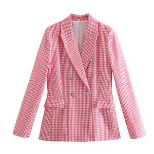 Damen-Blazer mit rosa-weißem Karomuster, zweireihigen Knöpfen und Reverskragen im Trend