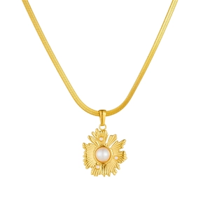 Golden blade chain necklace featuring a freshwater pearl sunflower pendant on white background
