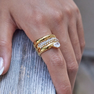 Three-piece gold stainless steel ring set with pear-cut crystal and pave-set zircons