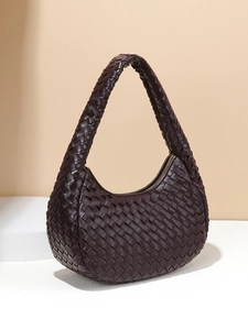 Dark brown woven leather hobo shoulder bag with a crescent shape and braided handle