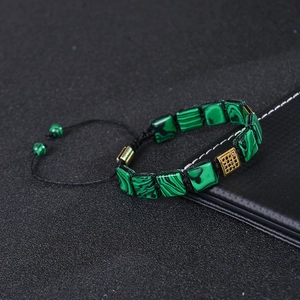 Green malachite square bead braided bracelet with gold micro-pave zircon charm
