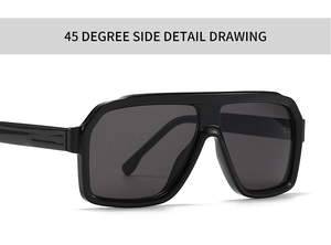 Detail view of large black square sunglasses frame at a 45-degree angle
