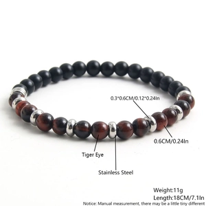 Mens beaded bracelet with natural tiger eye stone and matte black beads with size details