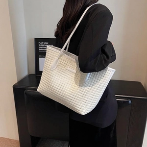 Woven Tote Bag Women Large Capacity PU Leather Commuter Handbag Elegant Zipper Shoulder Bag Minimalist Vintage Style