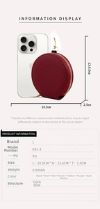 Detail showing red PU leather round coin purse with size comparison to a mobile phone