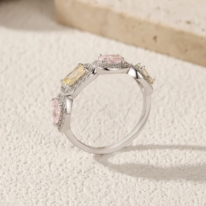 S925 sterling silver ring with colorful square pink and yellow stones and micro pavé crystals