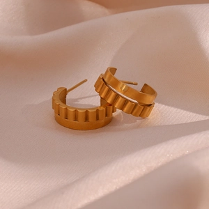 Vintage Stainless Steel C Shaped Hoop Earrings For Women Double Layer Gear Wavy Textured Gold Plated Statement Jewelry