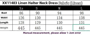 Tableau des tailles détaillé pour la robe licou en lin avec mesures en centimètres