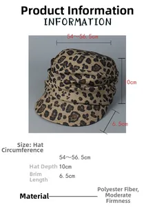 Detail view of leopard print newsboy cap showing polyester material and size specifications