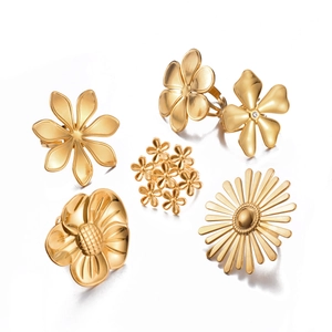 Exquisite collection of six gold floral titanium steel open rings with zircon accents