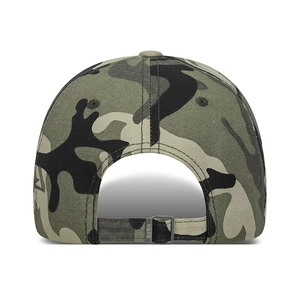 Rear view of camouflage cotton baseball cap featuring adjustable metal buckle strap