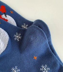 Detail view of blue knit Christmas socks with snowman and snowflake patterns