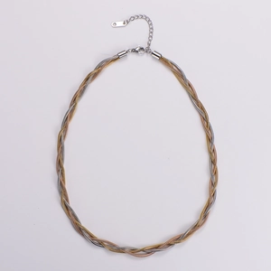Three-tone braided stainless steel necklace in gold, silver and rose gold finishes