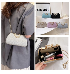 Detailed views of crossbody box clutch with chain strap in five sparkling color options