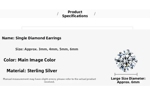 Size chart for 925 sterling silver stud earrings featuring 3mm to 6mm clear zircons