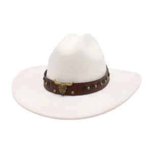 Detail view of white cowboy hat with bronze bull head ornament and riveted leather band
