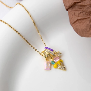 Chic gold titanium chain necklace with colorful enamel ice cream and zircon pendants