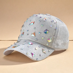 Sparkly silver baseball cap with colorful rhinestones and glitter finish for a trendy look