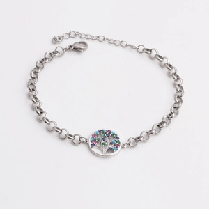 Silver Tree of Life chain bracelet featuring vibrant multi-color cubic zirconia stones