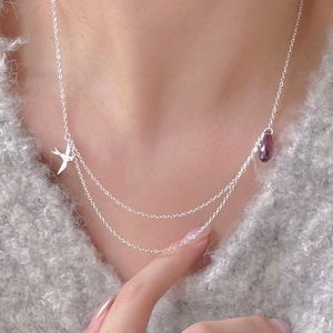 925 Sterling Silver Double Layer Necklace With Swallow Bird Pendant And Purple Teardrop Crystal Minimalist Jewelry For Women