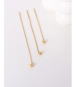 Detailed view of 18K gold-plated long chain tassel earrings with minimalist metal beads