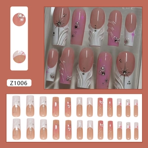 French ombré press-on nails with 3D waves, pearls, and star patterns, model Z1006
