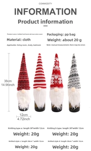 Detailed dimensions of 38cm tall gnome wine bottle covers in four knit patterns