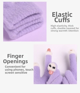 Detail of elastic cuffs and finger openings on thick purple knitted thermal gloves