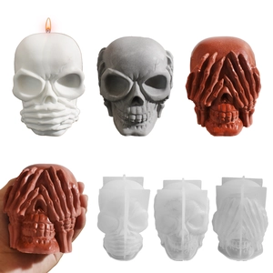 Skull Head Silicone Mold For DIY Candle Making Resin Casting Soap Plaster Halloween Decor Hear See Speak No Evil Tool