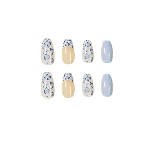 Short ballet coffin fake nails in cream white and baby blue with floral pattern