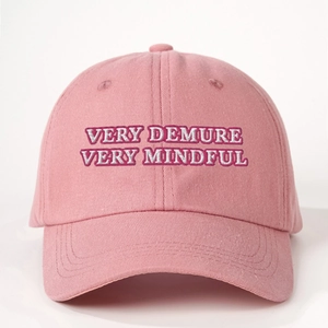 Pink baseball cap with Very Demure Very Mindful embroidery and adjustable strap