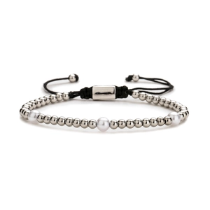 Adjustable copper zircon beaded bracelet with white pearls and black woven rope style