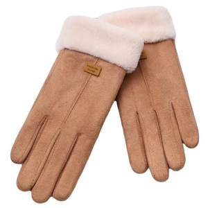 Women's camel faux suede thermal gloves with plush cuffs and touchscreen design
