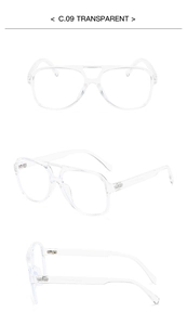 Three multi-angle views of large transparent double-bridge aviator frames in color C.09