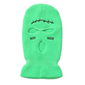 Green 3-hole knitted balaclava mask with NOT NICE embroidery for winter cycling