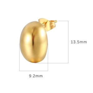 Polished gold bean stud earrings in stainless steel measuring 13.5mm by 9.2mm