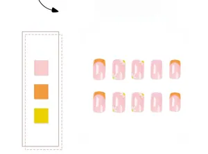 Detailed set of 10 French tip press-on nails with daisy floral designs in pink orange and yellow