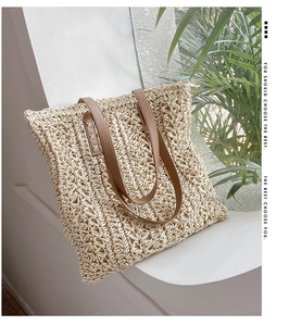 Detail of hand-woven straw tote with premium brown leather handles and rivets